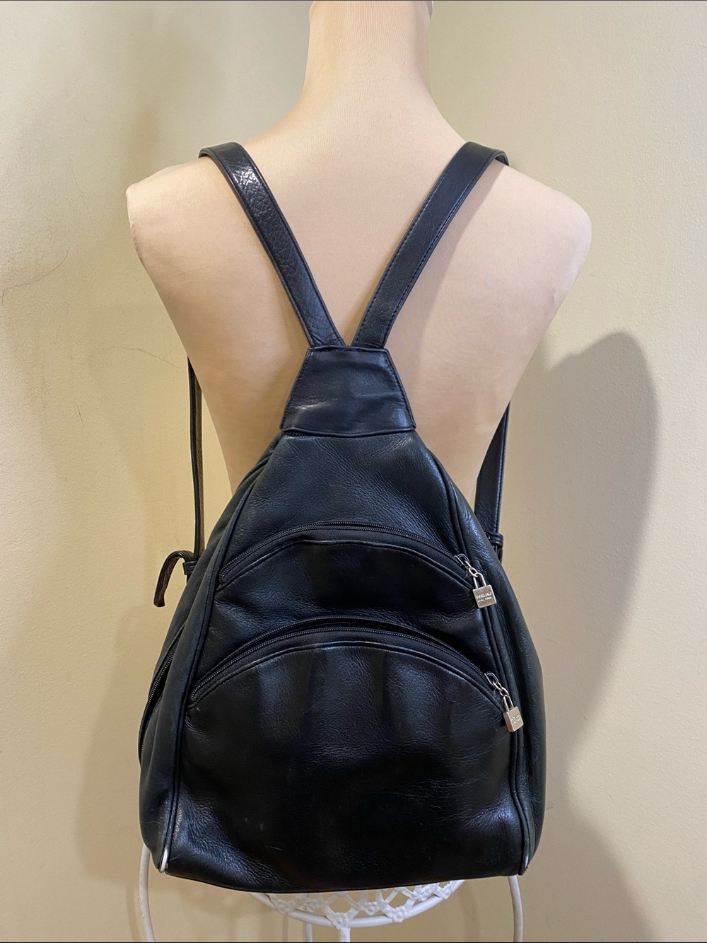 PERLINA Black Leather Casual Backpack Travel Bag